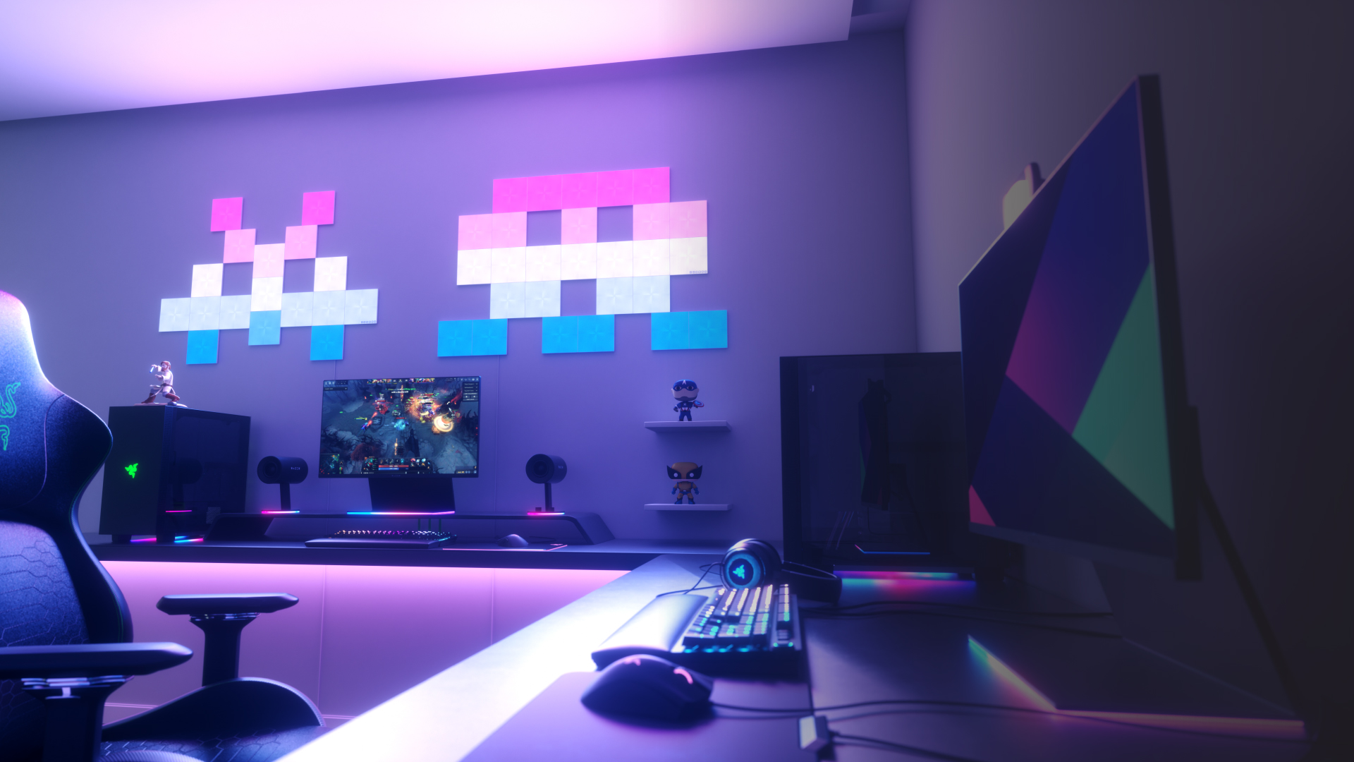 This is an image of Nanoleaf Canvas light squares on the wall above the desk and behind the monitor in a gaming battlestation. The RGB lights have over 16 million colors and are perfect for the gamer in your home. The modular smart light panels are connected together with linkers to create two space invaders design.
