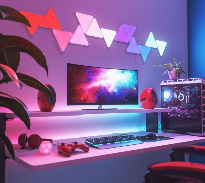 Office bedroom setup with Nanoleaf Lines RGB lights mounted above the desk and monitor. The perfect gaming lights for your PC battlestation.