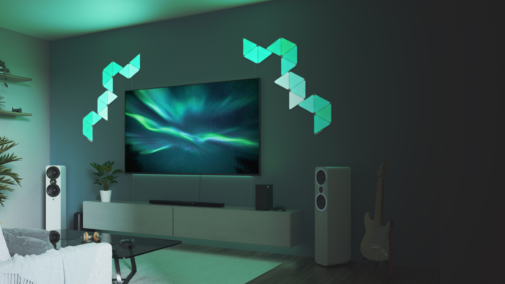 This is an image of two separate 15 panel designs of Nanoleaf Shapes Triangles on the wall beside the TV in the living room. The smart light panels are connected together using linkers and mounted onto the wall with double-sided tape. The perfect living room lights for an immersive entertainment experience.