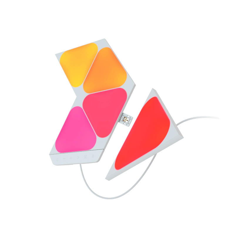 Nanoleaf Shapes Thread-enabled color-changing mini triangle smart modular light panels. 5 pack. Has expansion packs and flex linker accessories. Similar to Philips Hue, Lifx. HomeKit, Google Assistant, Amazon Alexa, IFTTT.