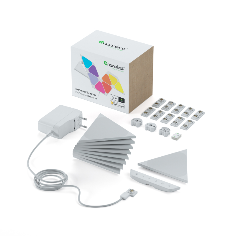 Product image of Nanoleaf Shapes Mini Triangles packaging with box contents. Each Starter Kit consists of 9 LED Light Panels to mount on your wall.