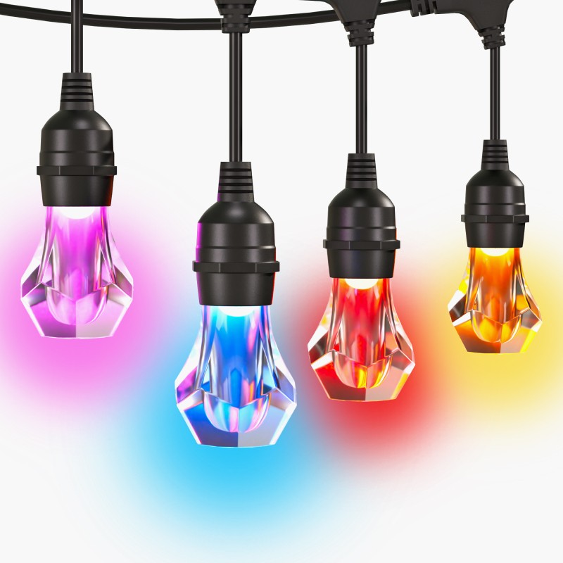 Close up of outdoor string lights LED bulbs on a white background showcasing multiple colors.