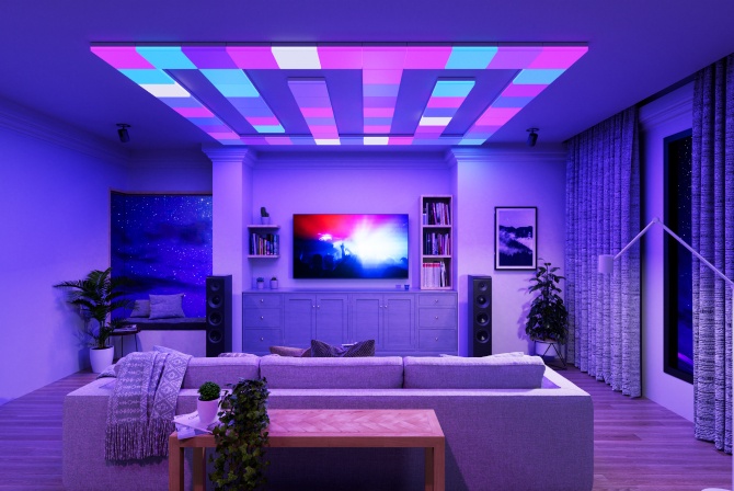 Office bedroom setup with Nanoleaf Lines RGB lights mounted above the desk and monitor. The perfect gaming lights for your PC battlestation.
